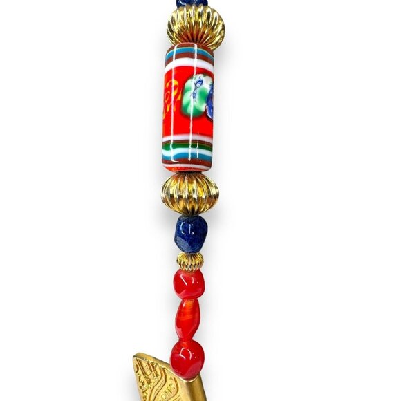 Vintage Tribal-Inspired Red, Blue & Gold Statement Necklace 27" Unsigned - Picture 5 of 13